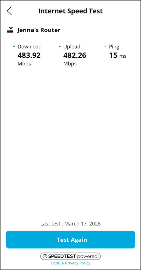 Internet speed test on the My Valley Wi-Fi app. These numbers are measuring well for the user's internet speed plan. 