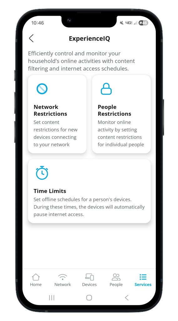 Network Restrictions, People Restrictions, and Time Limits in the My Valley Wi-Fi app.